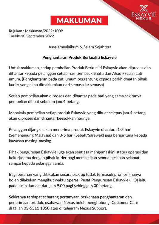 Penghantaran Cepat Order-order Produk Eskayvie