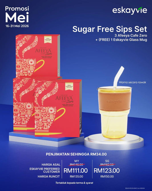 (PROMO) SUGAR FREE SIPS SET - ✅ 3x Afeeya Cafe Zero ✅ (FREE) 1x Eskayvie Glass Mug