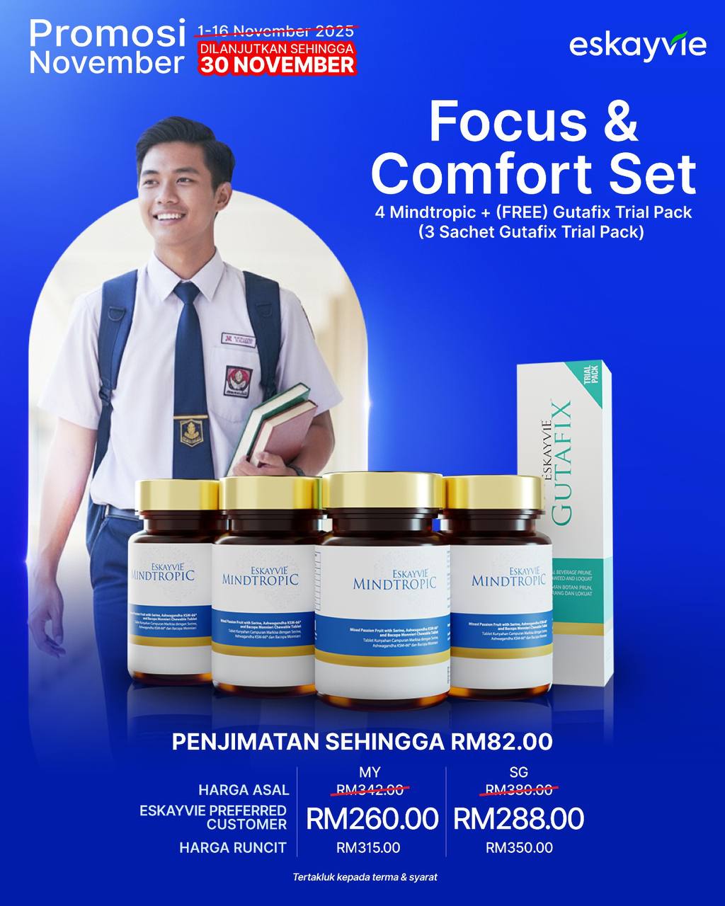 (Promo) FOCUS & COMFORT SET - ✅ 4x Mindtropic 🎁 (Free) 3x Sachet Gutafix Trial Pack