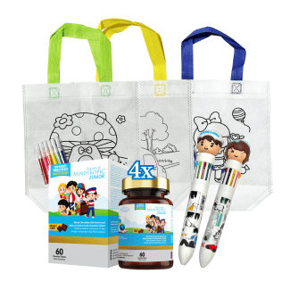 KIDS MIND FOCUS SET - 4x Mindtropic Junior (FREE) 1x Multicolour Pen, (FREE) 1x DIY Doodle Bag