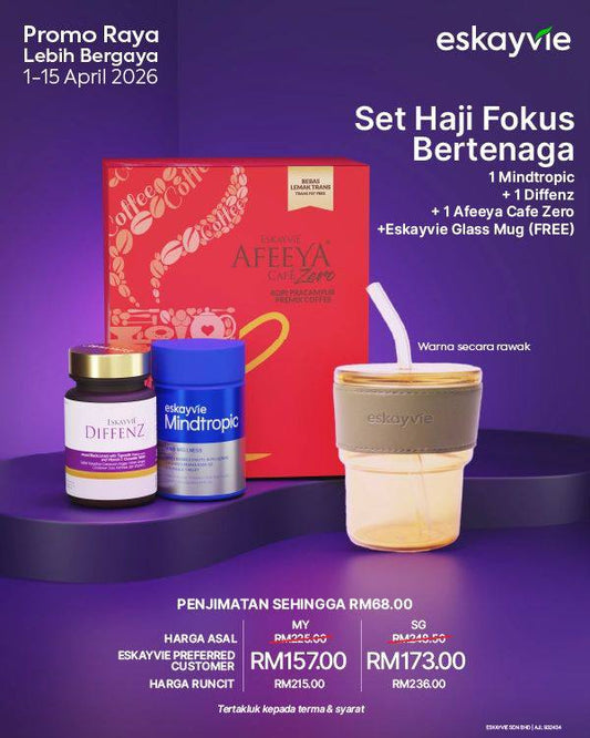(PROMO) SET HAJI FOKUS BERTENAGA ✅1x Mindtropic ✅1x Afeeya Cafe Zero ✅1x Diffenz 🎁(FREE) 1x Eskayvie Glass Mug