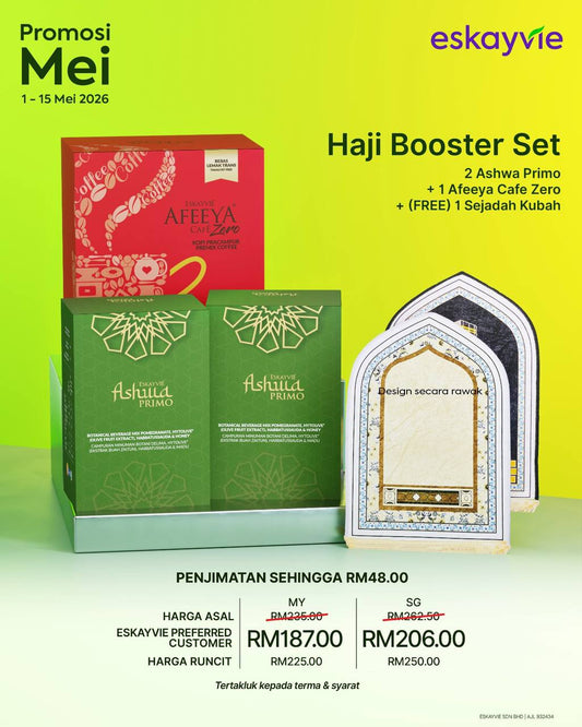 (PROMO) SET HAJI BOOSTER ✅ 2x Ashwa Primo ✅ 1x Afeeya Cafe Zero ✅ (FREE) 1x Sejadah Kubah