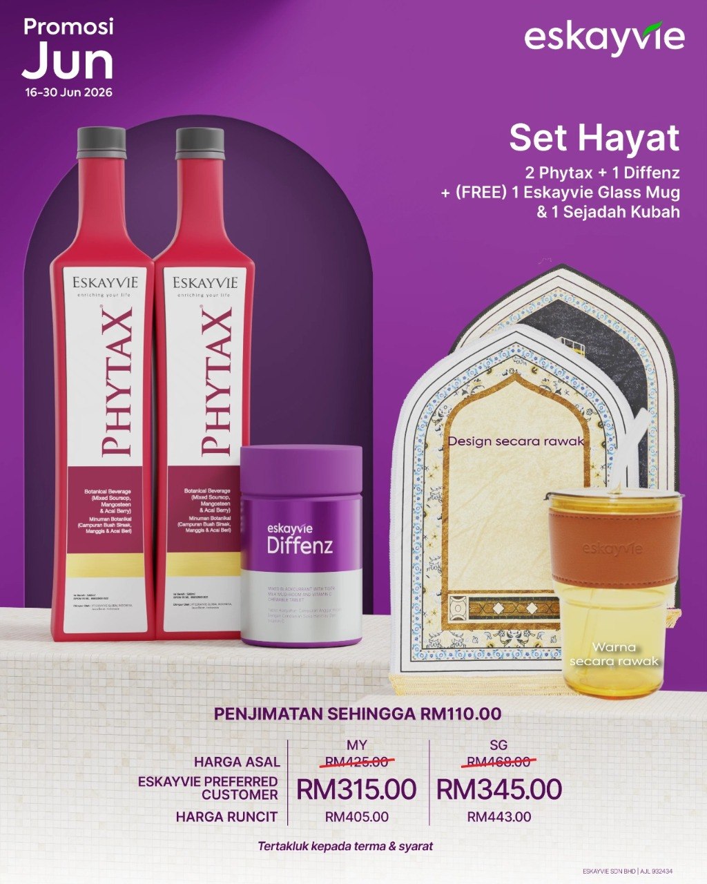 (Promo Jun26) SET HAYAT - ✅ 2x Phytax ✅ 1x Diffenz ✅ (FREE) Eskayvie Glass Mug & Sejadah Kubah - for SIngapore order
