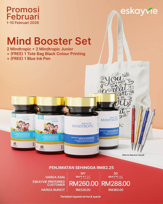 (Promo) MIND BOOSTER SET - 2x Mindtropic + 2x Mindtropic Junior 🎁 (FREE) Tote Bag Black Colour Printing 🎁 (FREE) Blue Ink Pen