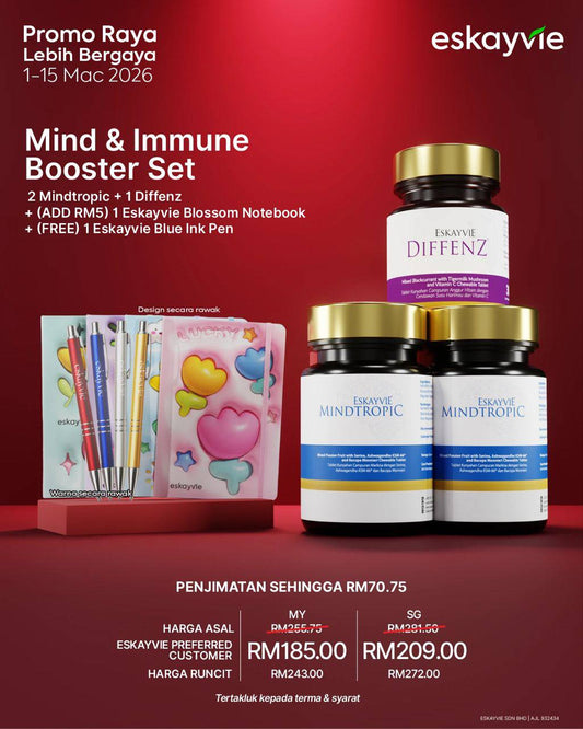 (Promo) MIND & IMMUNE BOOSTER SET ✅ 2 Mindtropic ✅ 1 Diffenz ✅ Eskayvie Blossom Notebook🎁 (FREE) 1 Eskayvie Blue Ink Pen