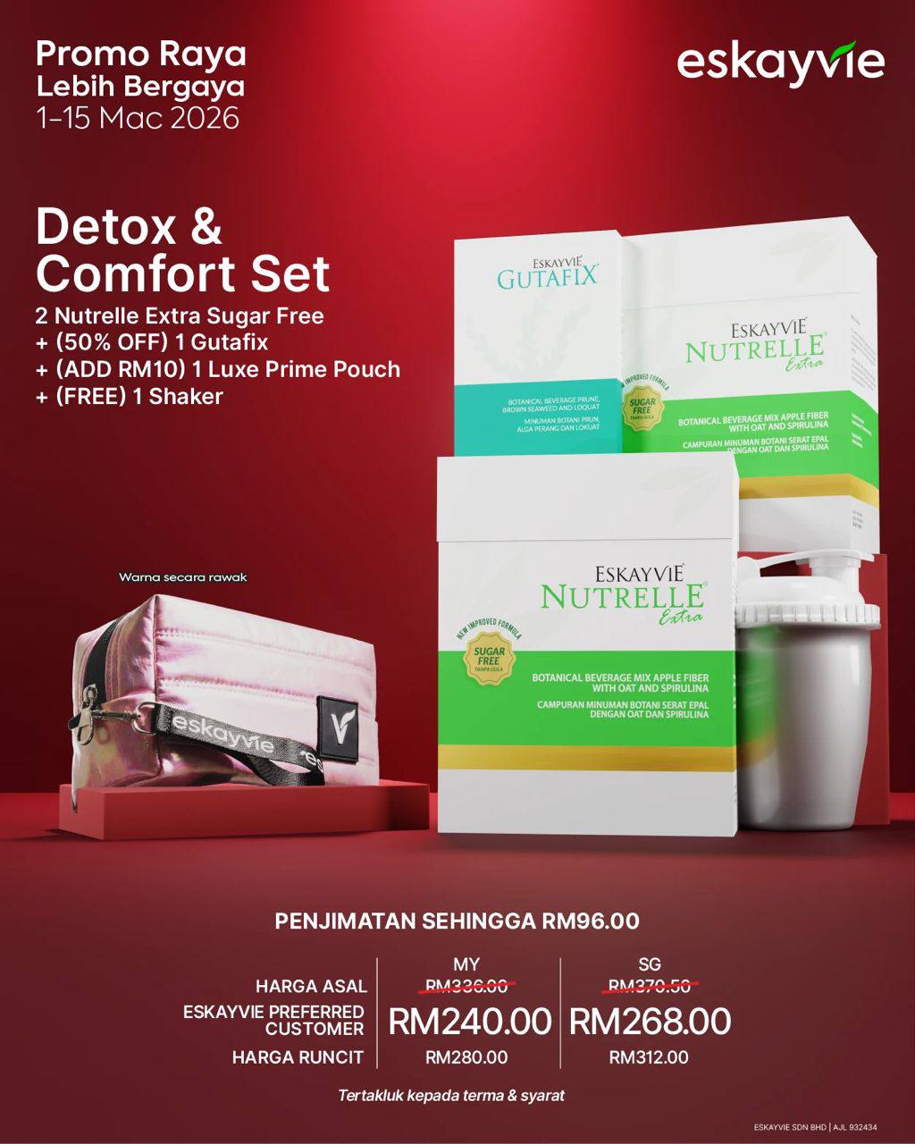 (Promo) DETOX & COMFORT SET - β
2 Nutrelle Extra Sugar Free β
(50% Off) 1x Gutafix β
(Add RM10) 1x Luxe Prime Pouch π (FREE) Shaker