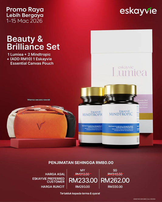 (Promo) Beauty & Brilliance Set - ✅1x Lumiea ✅2x Mindtropic ✅(ADD RM10) 1x Eskayvie Essential Canvas Pouch