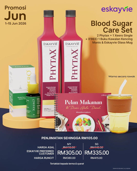 (Promo) BLOOD SUGAR CARE SET - ✅ 2x Phytax ✅ 1x Xeero Single ✅ (FREE) 1x Buku Kawalan Kencing Manis & Eskayvie Glass Mug
