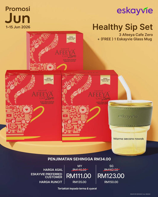 (PROMO) HEALTHY SIP SET - ✅ 3x Afeeya Cafe Zero ✅ (FREE) 1x Eskayvie Glass Mug