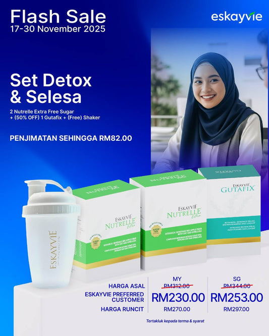 (Flash Sales) Set Detox & Selesa - ✅ 2x Nutrelle Extra Free Sugar ✅ (50% OFF) 1x Gutafix 🎁 (Free) 1x Shaker
