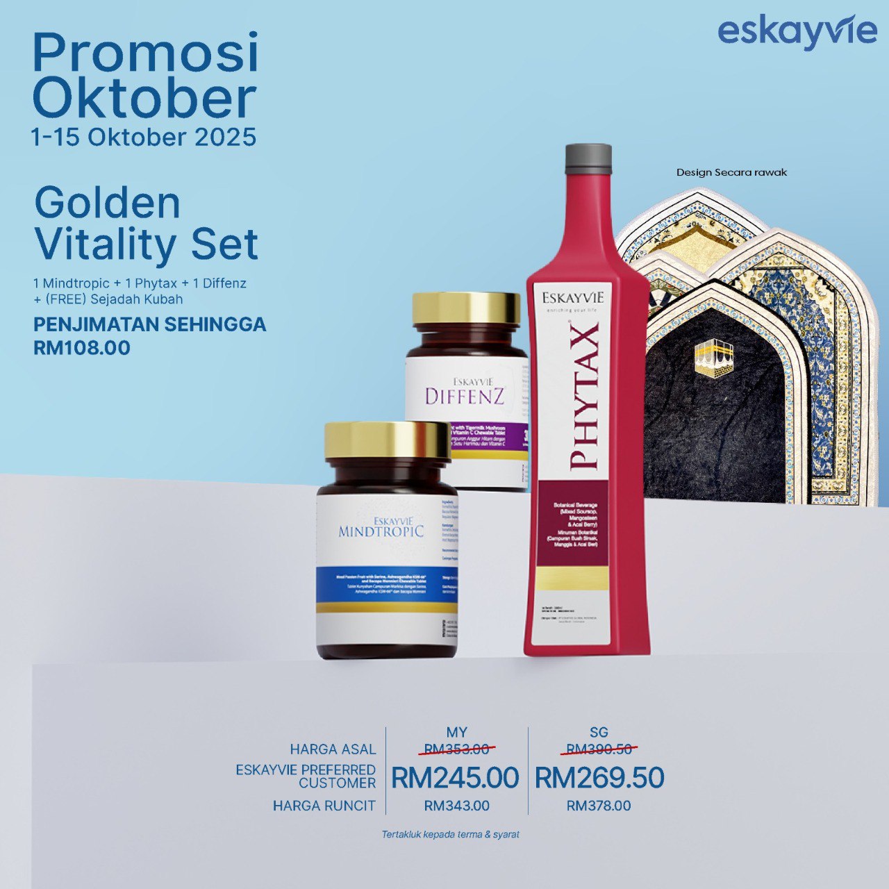 (Promo Oktober) Golden Vitality Set ✅ 1x Mindtropic ✅ 1x Phytax ✅ 1x Diffenz 🎁 (Free) 1x Sejadah Kubah