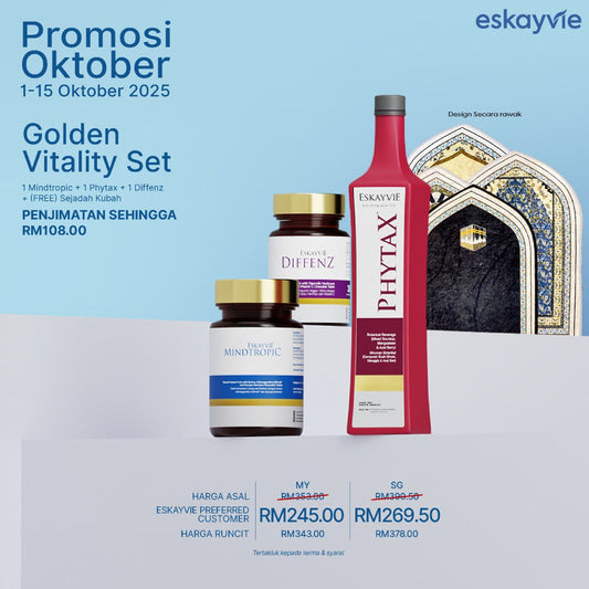 (Promo Oktober) Golden Vitality Set ✅ 1x Mindtropic ✅ 1x Phytax ✅ 1x Diffenz 🎁 (Free) 1x Sejadah Kubah