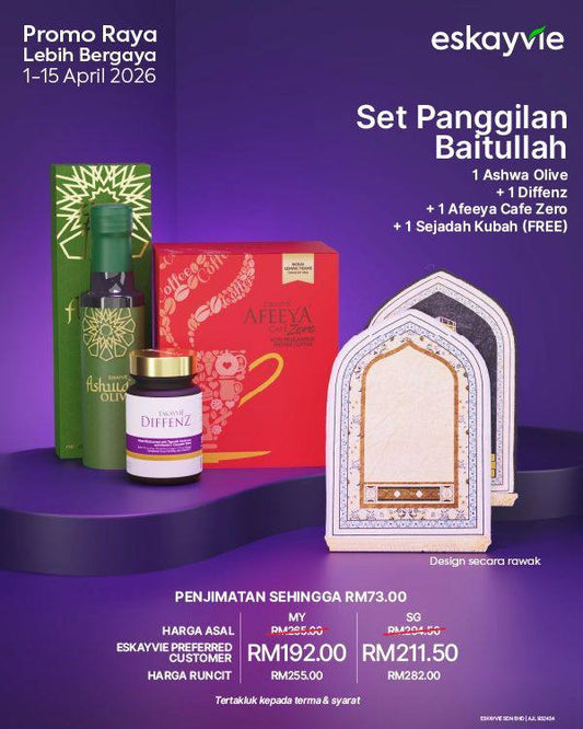 (PROMO) SET PANGGILAN BAITULLAH ✅1x Ashwa Olive ✅1x Diffenz  ✅1x Afeeya Cafe Zero 🎁(FREE) 1x Sejadah Kubah