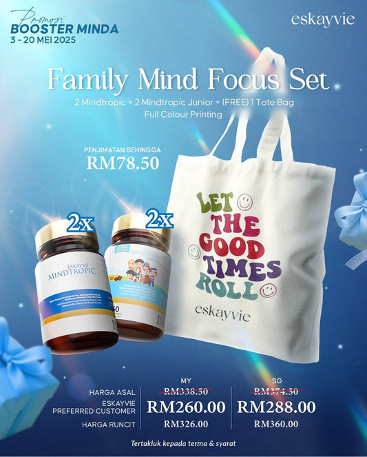 FAMILY MIND FOCUS SET - ✅ 2x Mindtropic ✅ 2x Mindtropic Junior 🎁(FREE) 1x Tote Bag Full Colour Printing