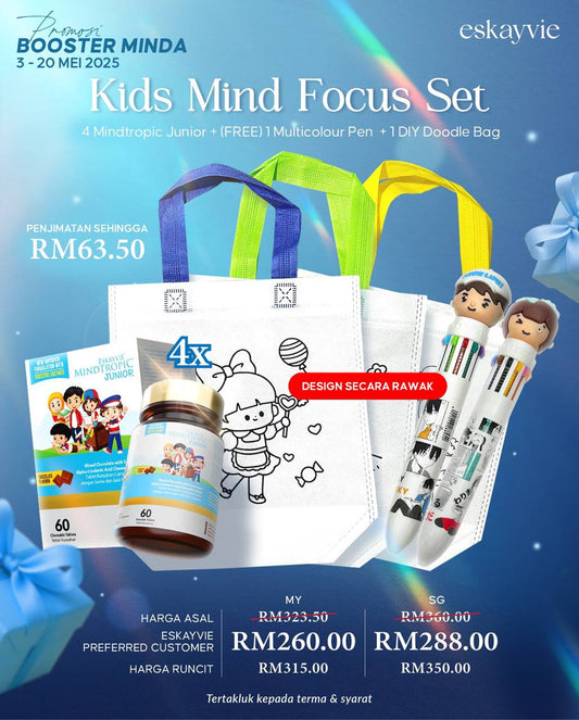 KIDS MIND FOCUS SET - 4x Mindtropic Junior (FREE) 1x Multicolour Pen, (FREE) 1x DIY Doodle Bag