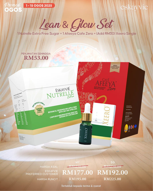 (PROMO Ogos) Lean & Glow Set - 1 Nutrelle Extra Sugar Free + 1 Afeeya Cafe Zero + 1 Xeero SIngle