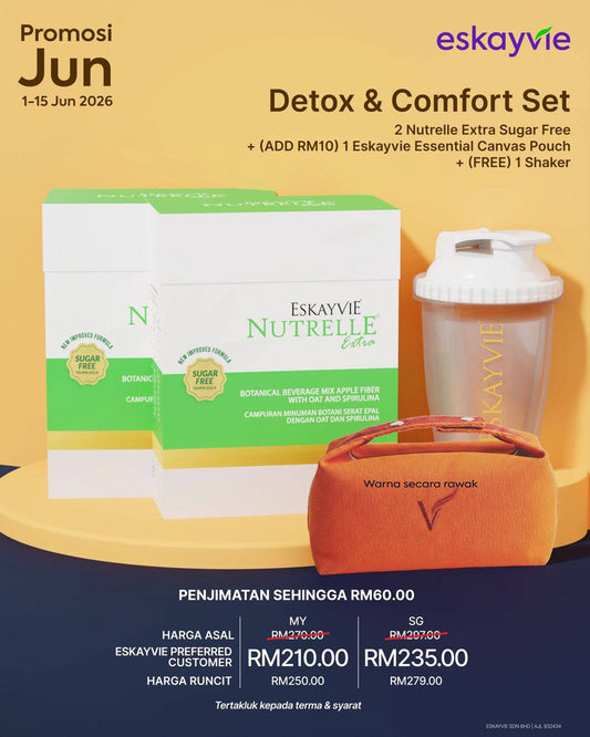 (Promo) DETOX & COMFORT SET - ✅ 2x Nutrelle Extra Sugar Free ✅ (ADD RM10) 1x Eskayvie Essential Canvas Pouch ✅ (FREE) 1x Shaker