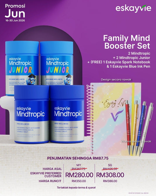 (Promo) Family Mind Booster Set ✅ 2x Mindtropic ✅ 2x Mindtropic Junior 🎁 (FREE) 1x Eskayvie Spark Notebook&nbsp; 🎁 (FREE) 1x Eskayvie Blue Ink Pen